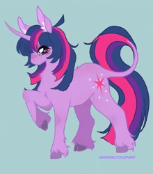 Size: 2200x2500 | Tagged: safe, alternate version, artist:moonshade907, twilight sparkle, classical unicorn, pony, unicorn, g4, blushing, chest fluff, cloven hooves, colored ear fluff, colored hooves, curved horn, ear fluff, eye clipping through hair, female, film grain, high res, horn, leonine tail, long tail, looking at you, mare, raised hoof, simple background, smiling, smiling at you, solo, standing, tail, teal background, three quarter view, unicorn twilight, unshorn fetlocks