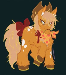 Size: 2200x2500 | Tagged: safe, artist:moonshade907, applejack, earth pony, pony, g4, alternate design, applejack's hat, bandana, bow, chest fluff, cloven hooves, coat markings, colored ear fluff, cowboy hat, ear fluff, eye clipping through hair, female, film grain, fluffy, freckles, hair bow, hat, high res, horseshoes, leg fluff, mare, missing cutie mark, neckerchief, nose piercing, nose ring, piercing, pinto, solo, straw in mouth, tail, tail bow, unshorn fetlocks, walking