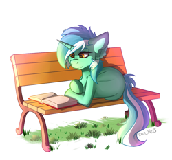 Size: 1400x1305 | Tagged: safe, artist:yuris, derpibooru exclusive, lyra heartstrings, pony, unicorn, g4, bench, book, cute, ear fluff, ears back, female, lying down, mare, reading, simple background, smiling, solo, white background