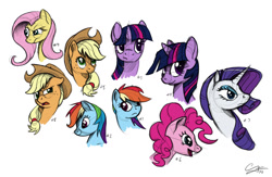 Size: 1150x750 | Tagged: safe, artist:psychodikdik, applejack, fluttershy, pinkie pie, rainbow dash, rarity, twilight sparkle, pony, g4, bust, colored sketch, expressions, mane six, simple background, sketch, white background