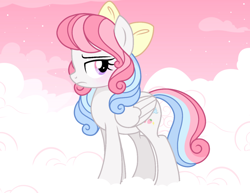 Size: 1400x1080 | Tagged: safe, artist:cstrawberrymilk, oc, oc only, oc:strawberry dreamy, pegasus, pony, g4, bow, cloud, eyelashes, female, hair bow, mare, solo, wings