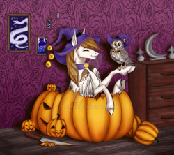 Size: 1280x1138 | Tagged: safe, artist:clouris, oc, oc only, bird, owl, pegasus, pony, snake, commission, deviantart watermark, duo, halloween, holiday, indoors, jack-o-lantern, obtrusive watermark, pegasus oc, poster, pumpkin, pumpkin bucket, smiling, watermark, wings, ych result