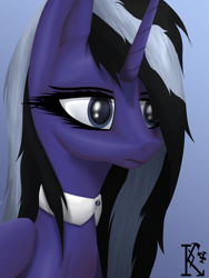 Size: 1500x2000 | Tagged: safe, artist:kirov, oc, oc only, alicorn, pony, bust, collar, eyebrows, female, gradient background, lightning, long hair, mare, multicolored hair, portrait, purple coat, purple eyes, striped mane