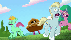 Size: 1280x720 | Tagged: safe, screencap, clapboard snap, emerald saucer, pipp petals, plum library, earth pony, pegasus, pony, unicorn, filly filling, g5, my little pony: tell your tale, spoiler:tyts01e33, animated, female, food, male, mare, pie, pumpkin pie, rearing, running away, scared, stallion, unnamed character, unnamed pony, zompie