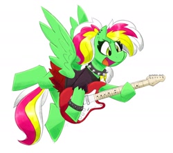 Size: 2000x1778 | Tagged: safe, artist:flutterthrash, oc, oc only, oc:gumdrops, pegasus, pony, choker, clothes, electric guitar, female, flying, guitar, mare, musical instrument, open mouth, open smile, simple background, skirt, smiling, solo, spiked choker, spiked wristband, spread wings, white background, wings, wristband