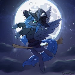 Size: 1200x1200 | Tagged: safe, artist:lunarlacepony, princess luna, alicorn, pony, g4, broom, clothes, female, flying, flying broomstick, halloween, hat, holiday, jewelry, mare, moon, necklace, night, solo, stars, witch hat