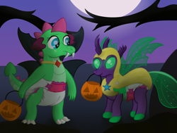 Size: 2800x2121 | Tagged: safe, artist:sweetielover, oc, oc only, oc:goldigony, oc:sparkly emerald, changedling, changeling, dragon, mlp fim's twelfth anniversary, branches, clothes, costume, diaper, diaper fetish, dragoness, duo, female, fetish, green changeling, high res, male, moonlight, night, nightmare night, non-baby in diaper, pumpkin bucket, vampire costume