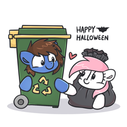 Size: 1000x1000 | Tagged: safe, artist:sugar morning, oc, oc only, oc:bizarre song, oc:sugar morning, pony, bag, clothes, costume, duo, female, halloween, halloween costume, heart, holding hooves, holiday, looking at each other, looking at someone, male, mare, nightmare night, oc x oc, shipping, simple background, stallion, straight, sugarre, trash bag, trash can, white background
