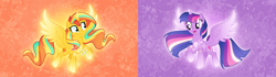Size: 4000x1125 | Tagged: safe, artist:orin331, sunset shimmer, twilight sparkle, alicorn, pony, g4, alicornified, duo, duo female, female, floating, flowing mane, looking at each other, looking at someone, magic, race swap, rainbow power, rainbow power-ified, raised hoof, redesign, shimmercorn, twilight sparkle (alicorn)