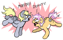 Size: 2853x1815 | Tagged: safe, artist:doodledonutart, derpy hooves, oc, oc:doodledonut, earth pony, pony, g4, angry, argument, duo, earth pony oc, female, muffin, that pony sure does love muffins