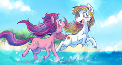 Size: 2000x1074 | Tagged: safe, artist:themagicbrew, skywishes, sunny daze (g3), earth pony, pony, g3, beach, blushing, cloud, colored hooves, duo, female, happy, looking at each other, looking at someone, mare, ocean, open mouth, open smile, running, sky, smiling, smiling at each other, splash, tail, water, windswept mane, windswept tail