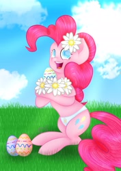 Size: 2500x3541 | Tagged: safe, artist:viviandpurplevivi, pinkie pie, earth pony, pony, g4, clothes, easter, easter egg, female, floral head wreath, flower, high res, holiday, panties, underwear