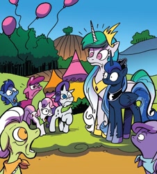 Size: 746x824 | Tagged: safe, artist:andypriceart, idw, granny smith, princess celestia, princess luna, rarity, sweetie belle, alicorn, earth pony, pony, unicorn, friends forever, g4, spoiler:comic, crown, emanata, faic, female, filly, foal, frown, group, height difference, hoof shoes, jaw drop, jewelry, male, mare, now you fucked up, oh crap, open mouth, peytral, regalia, royal sisters, shocked, shocked expression, siblings, sisters, stallion, unnamed character, unnamed pony