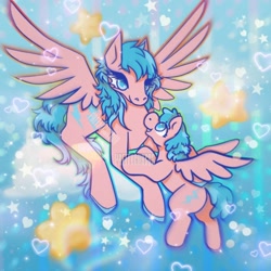 Size: 1080x1080 | Tagged: safe, artist:prettycursor, baby firefly, firefly, pegasus, pony, g1, baby, baby flyabetes, baby pony, cloud, cute, duo, female, filly, flyabetes, flying, foal, mare, mother and child, mother and daughter, shipping, stars