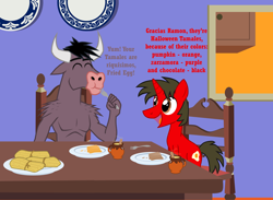 Size: 3466x2536 | Tagged: safe, artist:shadymeadow, oc, oc:fried egg, oc:ramon, minotaur, pony, unicorn, high res, tamale