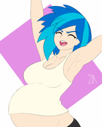 Size: 1280x1600 | Tagged: safe, artist:souladdicted, edit, dj pon-3, vinyl scratch, human, g4, armpits, belly, big belly, breasts, busty vinyl scratch, cleavage, clothes, eyes closed, female, humanized, open mouth, open smile, pregnant, pregnant edit, raised arms, smiling, tank top