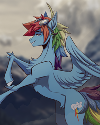 Size: 3535x4444 | Tagged: safe, artist:1an1, rainbow dash, pegasus, pony, g4, cloud, cloven hooves, dark sky, flying, goggles on head, high res, male, multicolored hair, rainbow blitz, rainbow hair, rainbow tail, rule 63, slender, smiling, solo, tail, thin, thin legs