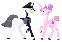 Size: 1660x1128 | Tagged: safe, artist:derrorro, pony, unicorn, angry, bow, ear piercing, escape from cluster prime, female, hair bow, hat, male, mare, my life as a teenage robot, piercing, police, ponified, simple background, snarus, stallion, white background, xj-4, xj-4 vs. snarus