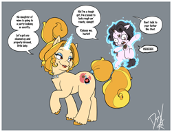 Size: 4218x3247 | Tagged: safe, artist:darkpandax, oc, oc only, oc:honey bouquet, oc:tictac, pony, unicorn, angry, crossdressing, daughter, dirty, duo, father, father and child, father and daughter, female, filly, foal, girly, glowing, glowing horn, horn, jewelry, magic, makeup, male, necklace, reeee, stallion, tail, telekinesis, tomboy, two toned mane, two toned tail