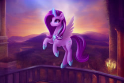 Size: 3072x2048 | Tagged: safe, ai assisted, ai content, generator:pony diffusion v1, generator:stable diffusion, prompter:siber, starlight glimmer, alicorn, pony, g4, alicornified, female, flying, high res, hoof shoes, jewelry, magic, mare, mountain, nature, princess starlight glimmer, race swap, regalia, scenery, smiling, solo, starlicorn, sunrise, sunset, valley, wings, xk-class end-of-the-world scenario
