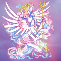 Size: 1536x1536 | Tagged: safe, artist:prettycursor, star catcher, breezie, pegasus, pony, g3, beautiful, blue eyes, cloven hooves, elegant, extra legs, eye clipping through hair, eyebrows, eyebrows visible through hair, featured image, halo, jewelry, long hair, long mane, long tail, multiple legs, multiple limbs, necklace, ribbon, simple background, six legs, solo, spread wings, tail, wings