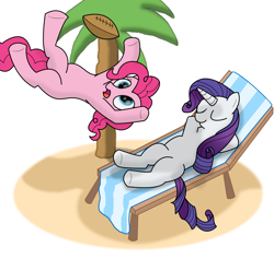 Size: 2000x1892 | Tagged: safe, artist:doodledonutart, pinkie pie, rarity, earth pony, pony, unicorn, g4, american football, eyes closed, female, mare, moments before disaster, palm tree, relaxing, simple background, sports, this will end in a touchdown, this will end in tears, tree, white background