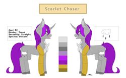 Size: 3000x1846 | Tagged: safe, artist:melodytheartpony, oc, oc only, oc:scarlet chaser, pony, unicorn, amputee, chest fluff, cute, disabled, female, fluffy, happy, limb loss, looking at you, prosthetic limb, prosthetics, reference sheet, signature, simple background, smiling, solo, white background