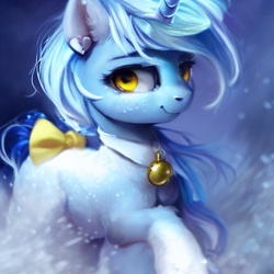 Size: 1024x1024 | Tagged: safe, ai assisted, ai content, artist:zealousmagician, generator:purplesmart.ai, generator:stable diffusion, oc, oc only, oc:arctic snowfall, pony, unicorn, bell, blue background, blue fur, blue mane, blurry background, bow, bowtie, cat bell, collar, ear piercing, earring, female, freckles, heart, jewelry, looking at you, mare, piercing, raised hoof, simple background, smiling, smiling at you, snow, snowfall, solo, standing, tail, tail bow, yellow eyes