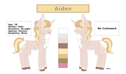 Size: 3000x1748 | Tagged: safe, artist:melodytheartpony, oc, oc only, oc:aiden, pony, unicorn, blind, chest fluff, cute, disabled, fluffy, happy, male, reference sheet, signature, simple background, smiling, solo, spotted, white background