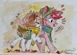 Size: 3851x2729 | Tagged: safe, artist:sofiko-ko, oc, oc:sofiko, alicorn, deer, pony, autumn, bag, clothes, high res, outdoors, saddle bag, scarf, traditional art, walking, watercolor painting