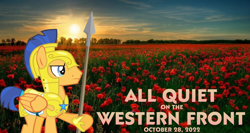 Size: 2064x1101 | Tagged: safe, artist:not-yet-a-brony, flash sentry, pegasus, pony, g4, 2022, all quiet on the western front, armor, belgium, erich maria remarque, flanders fields, flower, male, movie reference, october, poppy, spear, stallion, sunset, weapon, world war i, youtube link in the description