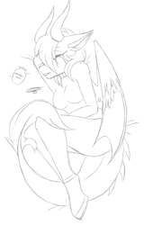 Size: 1498x2340 | Tagged: safe, artist:melodytheartpony, oc, oc:melody silver, dracony, dragon, hybrid, anthro, clothes, collar, crying, curled up, depressed, female, fluffy, mourning, pants, pet loss, sketch, solo, sweatpants, turtleneck, upset, urn, vent art