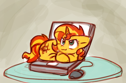Size: 1124x744 | Tagged: safe, artist:zutcha, sunset shimmer, pony, unicorn, g4, behaving like a cat, computer, computer mouse, cute, female, laptop computer, nyanset shimmer, pony pet, shimmerbetes, solo
