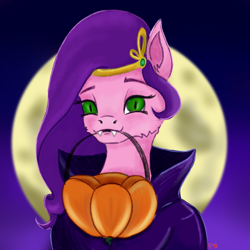 Size: 4134x4134 | Tagged: safe, artist:palettenight, pipp petals, pegasus, pony, g5, spoiler:g5, colored sketch, crown, fangs, green eyes, halloween, holiday, jewelry, looking at you, moon, night, pumpkin, raincoat, regalia, sketch, smiling, solo, teeth