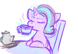 Size: 1279x892 | Tagged: safe, artist:zutcha, starlight glimmer, pony, unicorn, g4, drinking, eyes closed, female, food, mare, simple background, solo, tea, white background