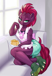 Size: 1080x1571 | Tagged: safe, artist:dstears, fizzlepop berrytwist, tempest shadow, unicorn, anthro, g4, apron, breasts, busty tempest shadow, clothes, cute, eating, eye scar, eyebrows, facial scar, female, food, housewife, looking at you, muscles, muscular female, pancakes, scar, sitting, solo, tempestbetes