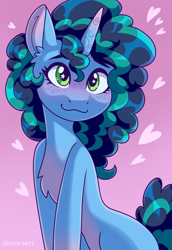 Size: 1370x1987 | Tagged: safe, artist:skysorbett, misty brightdawn, pony, unicorn, g5, :3, blushing, chest fluff, cute, female, floating heart, freckles, gradient background, heart, mare, mistybetes, smiling, solo, starry eyes, wingding eyes