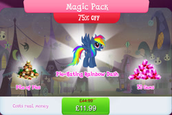 Size: 1272x852 | Tagged: safe, gameloft, rainbow dash, pegasus, pony, g4, secrets and pies, bundle, costs real money, english, evil pie hater dash, fangs, female, food, gem, magic pack, mare, numbers, pie, sale, solo, spread wings, tent, text, wings