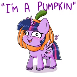 Size: 1280x1280 | Tagged: safe, artist:galaxy swirl, twilight sparkle, alicorn, pony, g4, derp face, pumpkin, simple background, solo, text, twilight sparkle (alicorn), unshorn fetlocks, white background