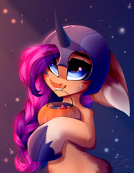 Size: 2717x3500 | Tagged: safe, artist:shinoshai, nightmare moon, sunny starscout, earth pony, pony, mlp fim's twelfth anniversary, g5, belly, big ears, braid, braided ponytail, clothes, cosplay, costume, cute, female, floppy ears, halloween, high res, holiday, impossibly large ears, long mane, mare, mouth hold, nightmare moon armor, nightmare night costume, nightmare sunny, ponytail, solo, sunnybetes