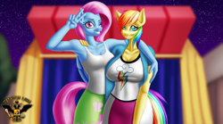 Size: 7680x4260 | Tagged: safe, artist:tsaritsaluna, fluttershy, rainbow dash, pegasus, anthro, mlp fim's twelfth anniversary, g4, alternate hairstyle, big breasts, breasts, busty fluttershy, busty rainbow dash, clothes, clothes swap, cosplay, costume, duo, duo female, equestria girls outfit, female, grin, looking at you, mane swap, mare, night, one eye closed, peace sign, role reversal, smiling, wink