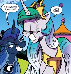 Size: 746x772 | Tagged: safe, artist:andy price, idw, princess celestia, princess luna, alicorn, pony, g4, my little pony: friends forever, spoiler:comic, dialogue, duo, female, grin, mare, passive aggressive, royal sisters, shit eating grin, siblings, sisters, smiling, speech bubble