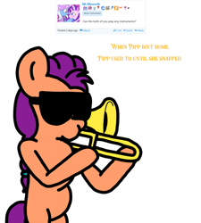 Size: 1275x1414 | Tagged: safe, artist:professorventurer, sunny starscout, earth pony, pony, series:ask pippamena, g5, bipedal, doot, female, implied pipp petals, mare, solo, sunglasses, text, trombone, when mama isn't home