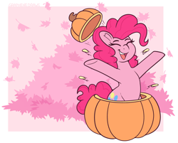 Size: 2550x2050 | Tagged: safe, artist:graphene, part of a set, pinkie pie, earth pony, pony, g4, cute, diapinkes, female, high res, leaves, mare, open mouth, pumpkin, smiling, solo