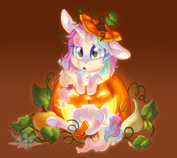 Size: 1920x1712 | Tagged: safe, artist:doekitty, part of a set, oc, oc only, pony, unicorn, commission, female, halloween, holiday, jack-o-lantern, mare, one ear down, pumpkin, solo, ych result