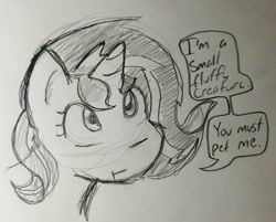 Size: 2048x1645 | Tagged: safe, artist:zutcha, sunset shimmer, pony, unicorn, g4, :t, female, monochrome, sketch, solo, speech bubble, text, traditional art