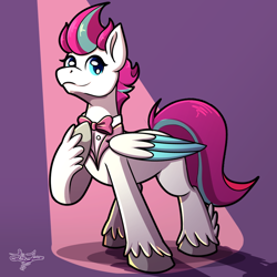 Size: 1000x1000 | Tagged: safe, artist:littletigressda, zipp storm, pegasus, pony, baby critters, g5, my little pony: tell your tale, spoiler:g5, spoiler:my little pony: tell your tale, spoiler:tyts01e32, bowtie, clothes, female, formal wear, hoof on chest, looking at you, mare, neck bow, smiling, smiling at you, solo, tuxedo, unshorn fetlocks