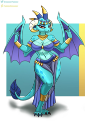 Size: 813x1191 | Tagged: safe, artist:painterdreamer, edit, princess ember, dragon, anthro, digitigrade anthro, g4, accessory, bedroom eyes, belly button, belly dancer, belly dancer outfit, bikini, bikini top, breasts, busty princess ember, claws, clothes, cropped, digital art, dragoness, female, horn, jewelry, lidded eyes, lizard breasts, loincloth, looking at you, smiling, smiling at you, solo, spread wings, stupid sexy princess ember, swimsuit, thighs, wide hips, wings