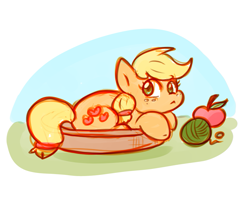 Size: 889x723 | Tagged: safe, artist:zutcha, applejack, earth pony, pony, g4, apple, behaving like a cat, cute, female, food, if i fits i sits, jackabetes, solo, yarn