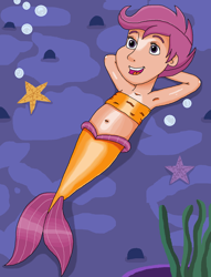 Size: 1138x1493 | Tagged: safe, artist:ocean lover, scootaloo, human, mermaid, starfish, g4, season 8, surf and/or turf, amazed, arm behind head, armpits, awesome, bandeau, bare shoulders, belly, belly button, bubble, child, coral, cute, cutealoo, cutie mark crusaders, dark skin, disney style, female, fins, fish tail, happy, human coloration, humanized, looking up, lying down, mermaid tail, mermaidized, midriff, ocean, open mouth, open smile, purple eyes, purple hair, rock, scene interpretation, sea-mcs, seaponified, seapony scootaloo, seaweed, shiny skin, short hair, smiling, solo, species swap, tail, tail fin, underwater, water